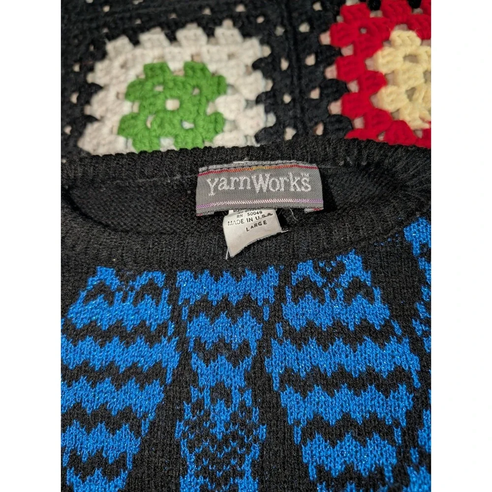 YarnWorks Sweater Blue Black Diamond Glitter Crewneck‎ Pullover Women's Large